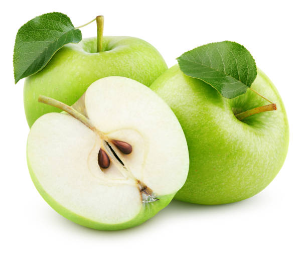 Group of ripe green apple fruits with half and green leaves isolated on white background. Apples with clipping path. Full Depth of Field